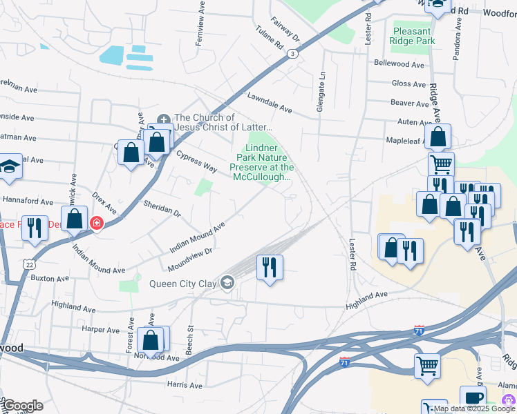 map of restaurants, bars, coffee shops, grocery stores, and more near 5360 Indian Mound Avenue in Cincinnati