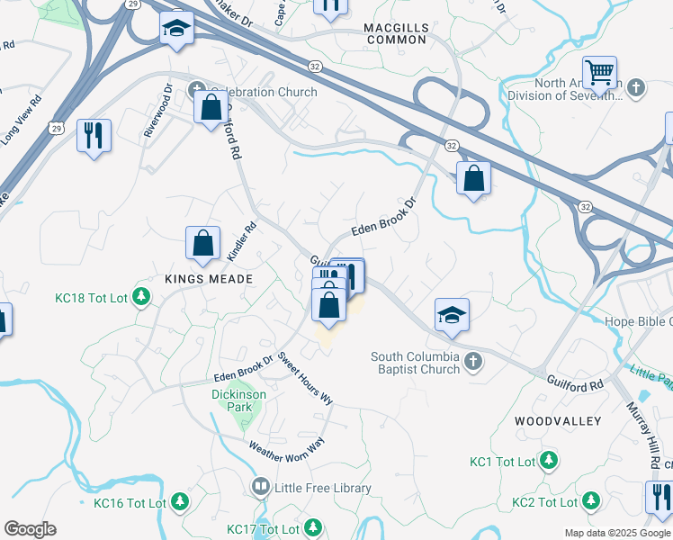 map of restaurants, bars, coffee shops, grocery stores, and more near 8620 Guilford Road in Columbia