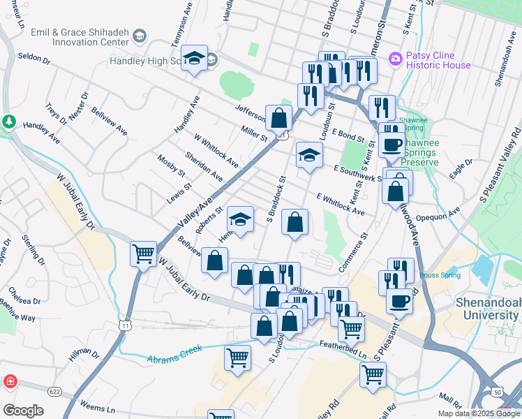 map of restaurants, bars, coffee shops, grocery stores, and more near 1600 Henry Avenue in Winchester