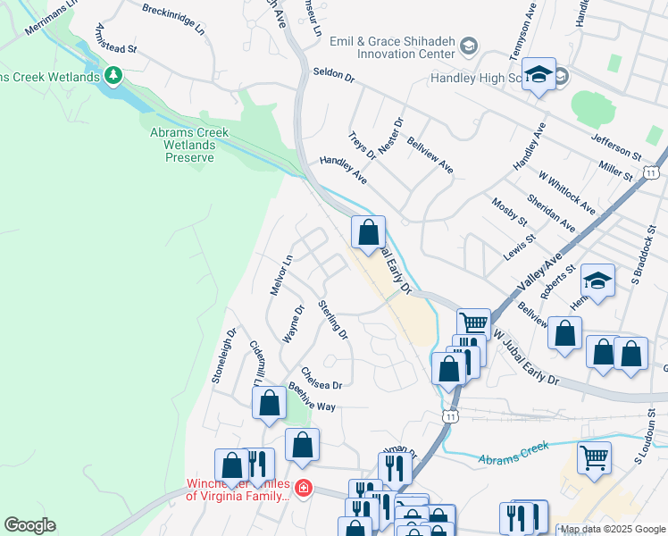 map of restaurants, bars, coffee shops, grocery stores, and more near 1815 Tilghman Lane in Winchester