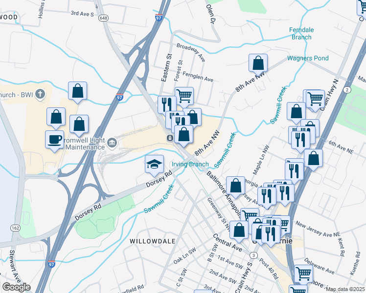 map of restaurants, bars, coffee shops, grocery stores, and more near 7397 Baltimore Annapolis Boulevard in Glen Burnie
