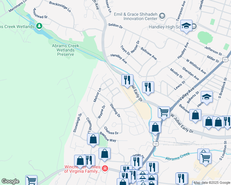 map of restaurants, bars, coffee shops, grocery stores, and more near 1815 Tilghman Lane in Winchester
