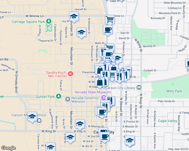 map of restaurants, bars, coffee shops, grocery stores, and more near 1206 North Nevada Street in Carson City