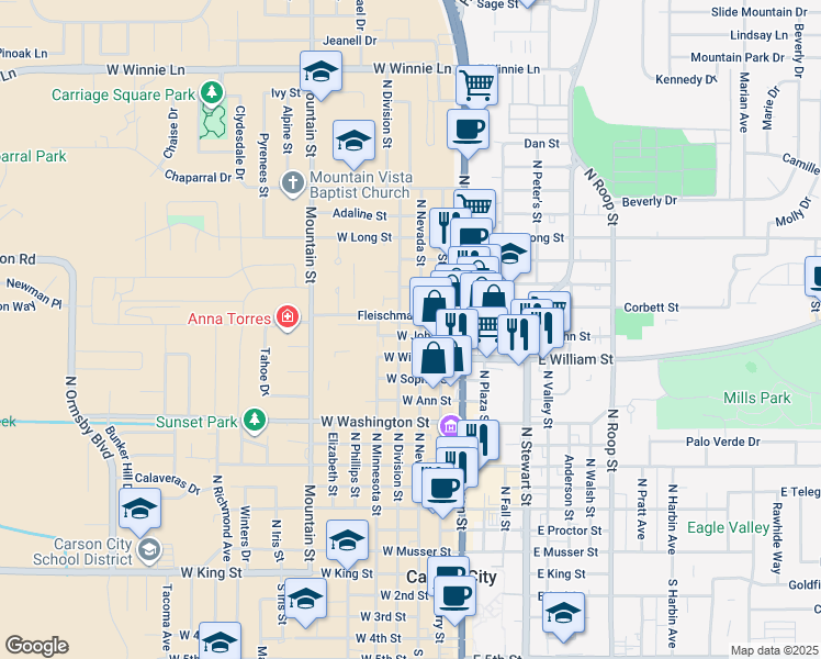 map of restaurants, bars, coffee shops, grocery stores, and more near 1206 North Nevada Street in Carson City
