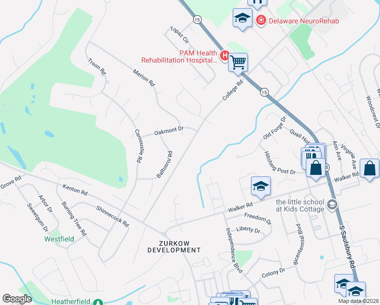 map of restaurants, bars, coffee shops, grocery stores, and more near 1362 College Road in Dover