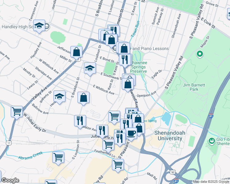 map of restaurants, bars, coffee shops, grocery stores, and more near 229 East Whitlock Avenue in Winchester