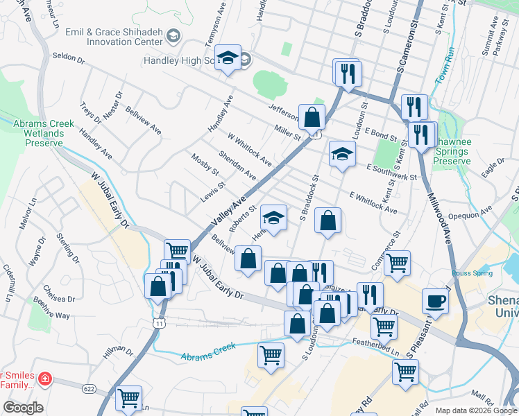 map of restaurants, bars, coffee shops, grocery stores, and more near 1630 Roberts Street in Winchester