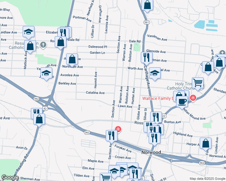 map of restaurants, bars, coffee shops, grocery stores, and more near 5239 Warren Avenue in Cincinnati