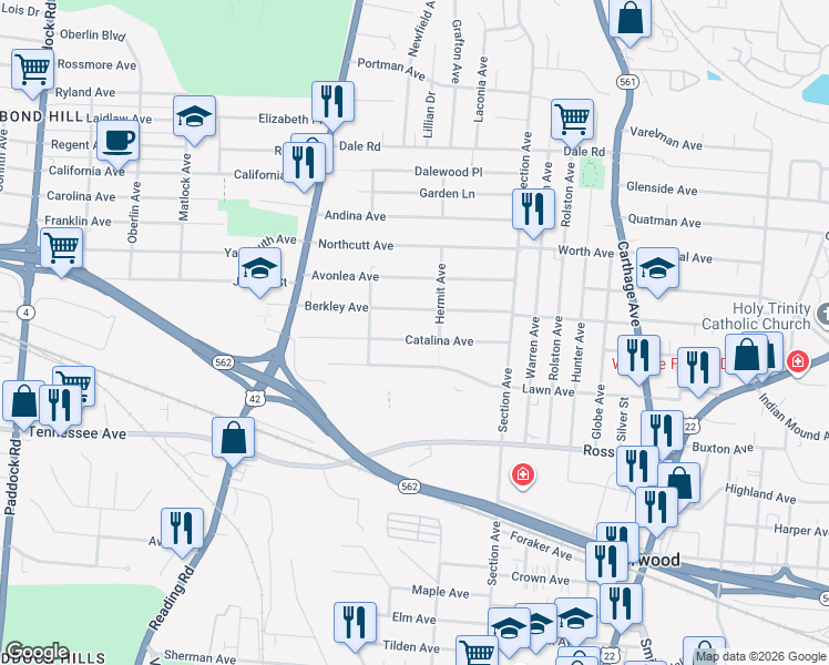 map of restaurants, bars, coffee shops, grocery stores, and more near 1837 Catalina Avenue in Cincinnati