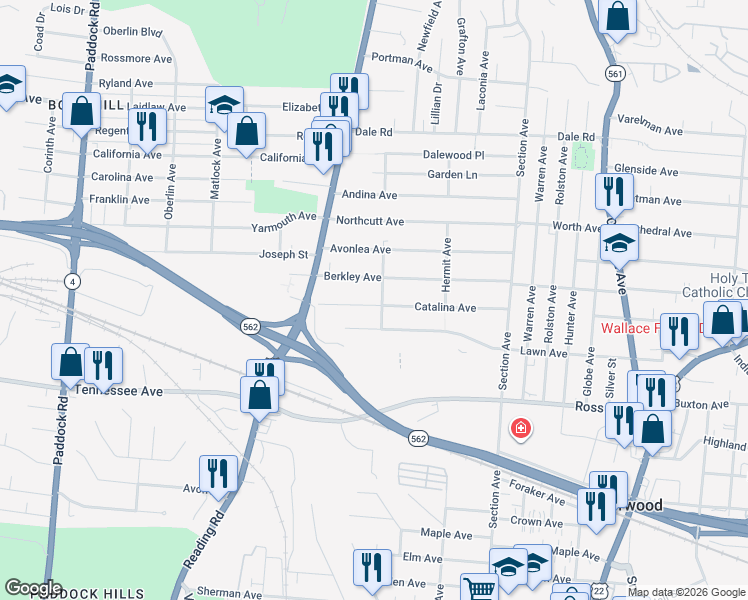 map of restaurants, bars, coffee shops, grocery stores, and more near 1765 Catalina Avenue in Cincinnati