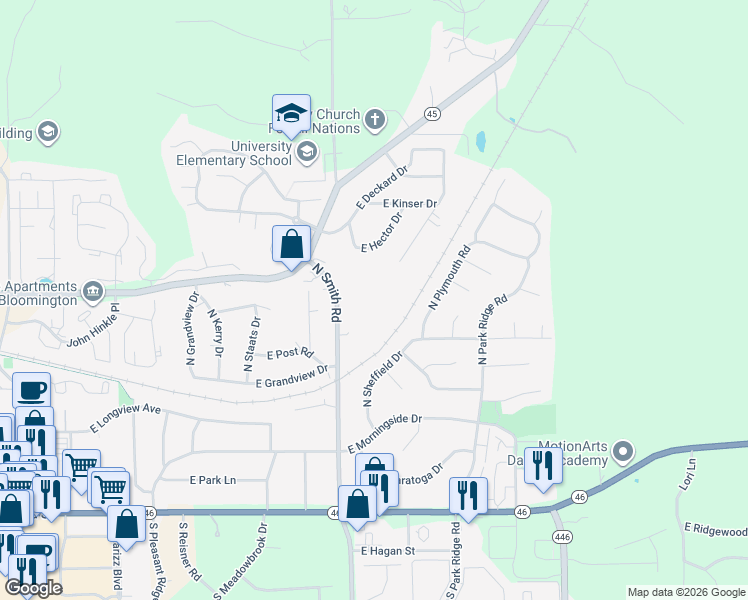 map of restaurants, bars, coffee shops, grocery stores, and more near 800 North Smith Road in Bloomington