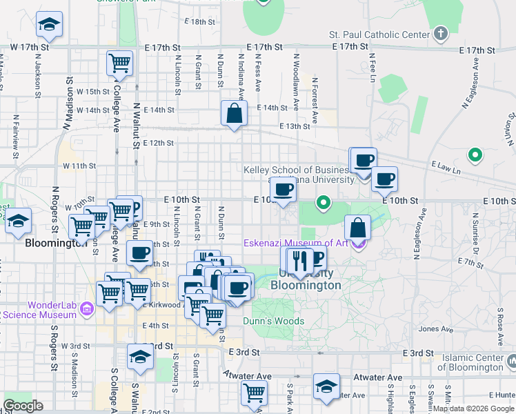 map of restaurants, bars, coffee shops, grocery stores, and more near 509 North Fess Avenue in Bloomington