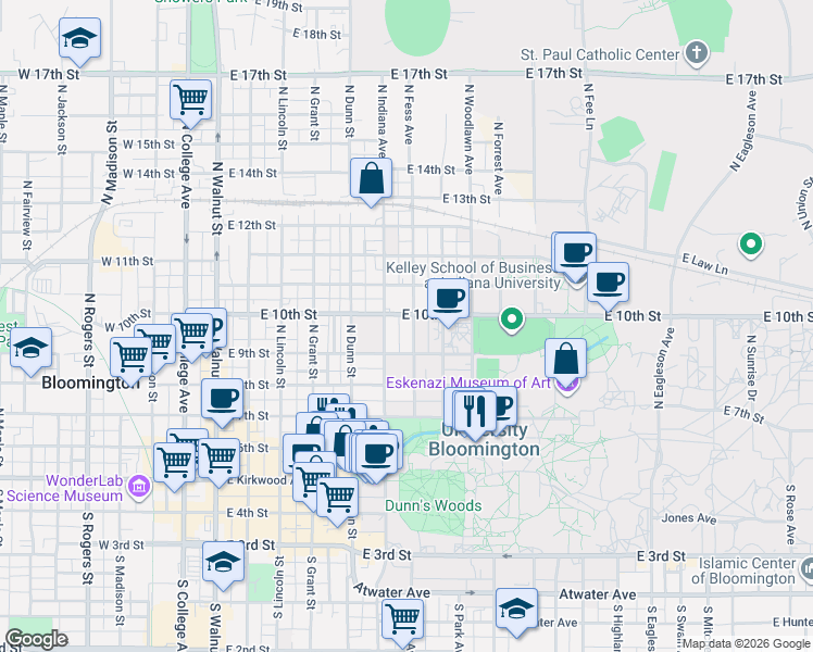 map of restaurants, bars, coffee shops, grocery stores, and more near 509 North Fess Avenue in Bloomington