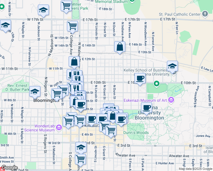 map of restaurants, bars, coffee shops, grocery stores, and more near 515 North Prow Avenue in Bloomington