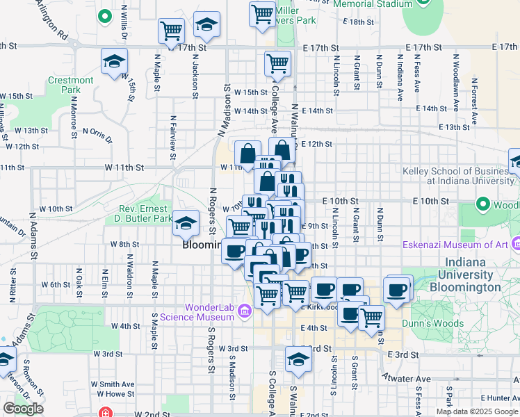 map of restaurants, bars, coffee shops, grocery stores, and more near 519 North College Avenue in Bloomington