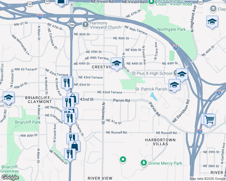 map of restaurants, bars, coffee shops, grocery stores, and more near 809 Northeast 42nd Terrace in Kansas City