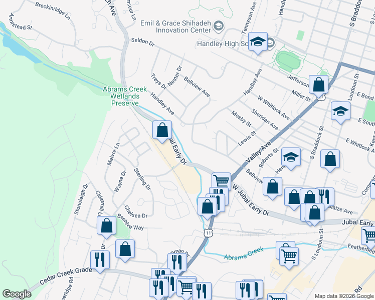 map of restaurants, bars, coffee shops, grocery stores, and more near 559 Bellview Avenue in Winchester