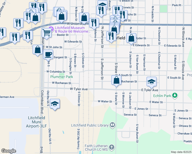 map of restaurants, bars, coffee shops, grocery stores, and more near 324 West South Street in Litchfield
