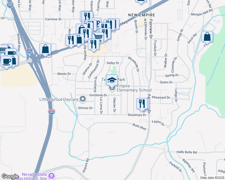 map of restaurants, bars, coffee shops, grocery stores, and more near 1260 Monte Rosa Drive in Carson City
