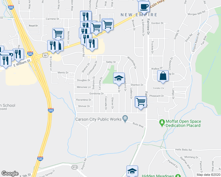 map of restaurants, bars, coffee shops, grocery stores, and more near 1260 Monte Rosa Drive in Carson City