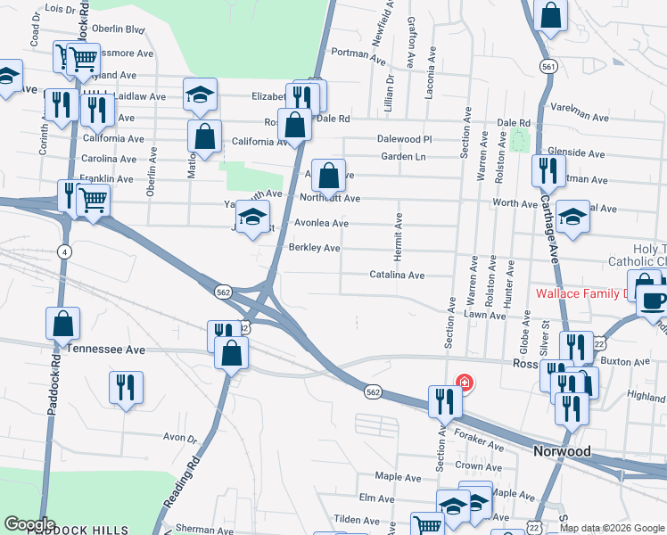 map of restaurants, bars, coffee shops, grocery stores, and more near 1765 Catalina Avenue in Cincinnati