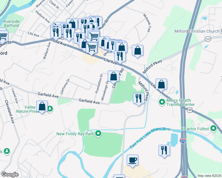 map of restaurants, bars, coffee shops, grocery stores, and more near 16 Winnebago Drive in Milford