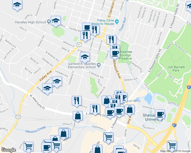 map of restaurants, bars, coffee shops, grocery stores, and more near 111 East Whitlock Avenue in Winchester
