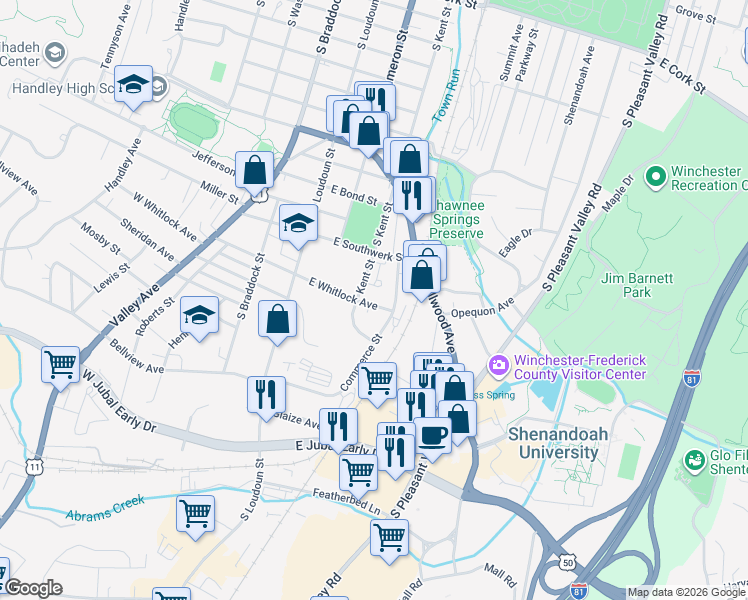 map of restaurants, bars, coffee shops, grocery stores, and more near 229 East Whitlock Avenue in Winchester