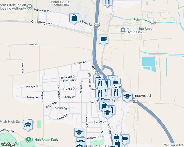 map of restaurants, bars, coffee shops, grocery stores, and more near 1650 North Lovers Lane in Ukiah