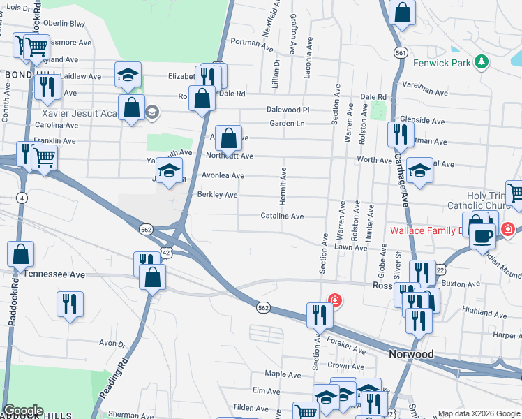 map of restaurants, bars, coffee shops, grocery stores, and more near 1837 Catalina Avenue in Cincinnati