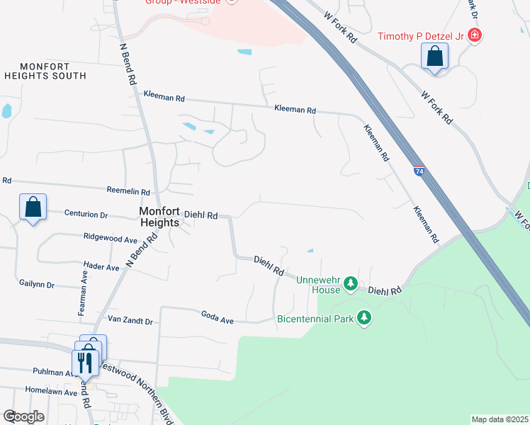 map of restaurants, bars, coffee shops, grocery stores, and more near 3149 Timberview Drive in Cincinnati