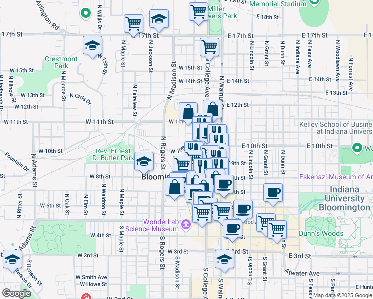 map of restaurants, bars, coffee shops, grocery stores, and more near 555 N Morton St in Bloomington