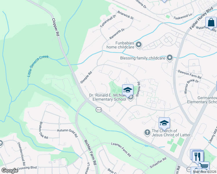 map of restaurants, bars, coffee shops, grocery stores, and more near 18913 Moonwalk Court in Germantown
