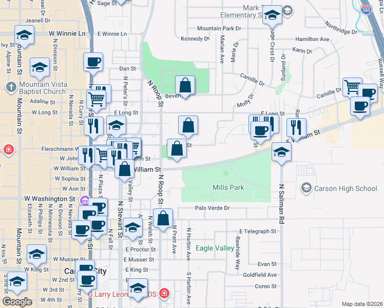 map of restaurants, bars, coffee shops, grocery stores, and more near 1050 East William Street in Carson City