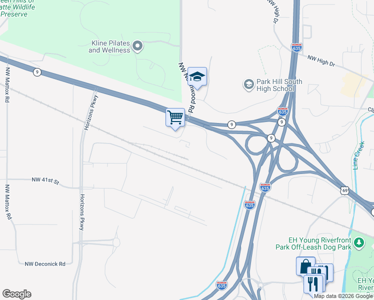 map of restaurants, bars, coffee shops, grocery stores, and more near 500 Northwest Platte Valley Drive in Riverside