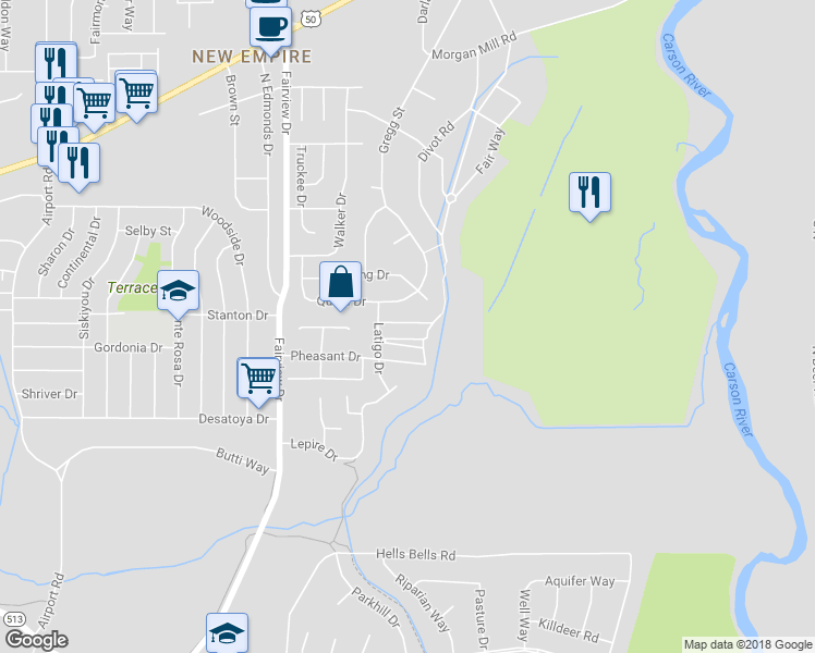 map of restaurants, bars, coffee shops, grocery stores, and more near 4226 Mulligan Drive in Carson City