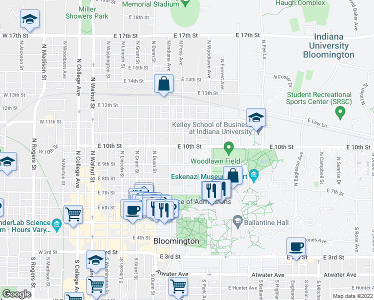 map of restaurants, bars, coffee shops, grocery stores, and more near 520 North Fess Avenue in Bloomington