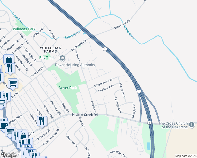 map of restaurants, bars, coffee shops, grocery stores, and more near 128 Revolutionary Boulevard in Dover