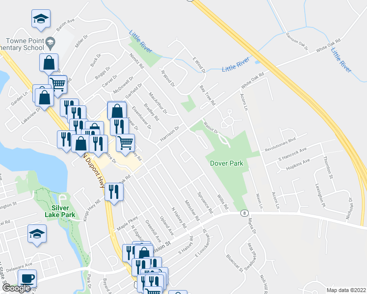map of restaurants, bars, coffee shops, grocery stores, and more near 0 Highway 10 in Dover