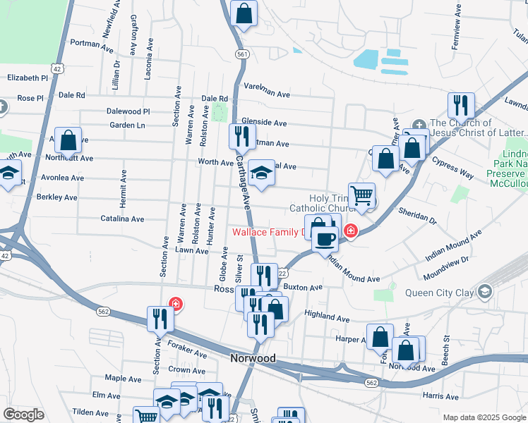 map of restaurants, bars, coffee shops, grocery stores, and more near 2200 Feldman Avenue in Cincinnati