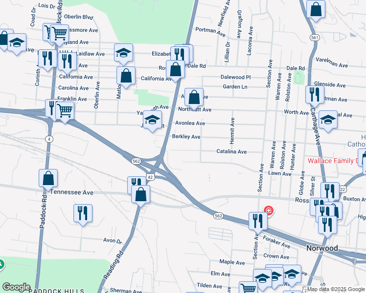 map of restaurants, bars, coffee shops, grocery stores, and more near 1735 Catalina Avenue in Cincinnati