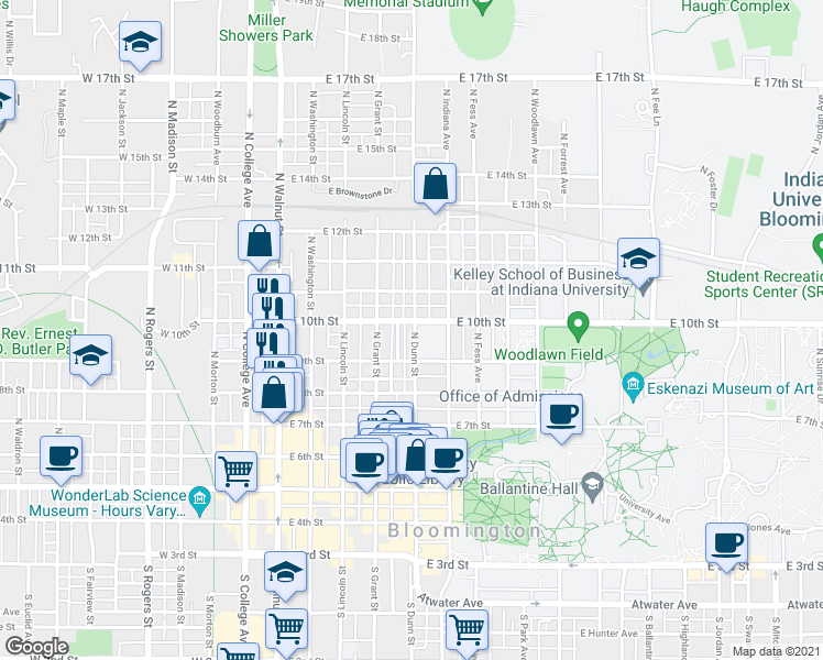 map of restaurants, bars, coffee shops, grocery stores, and more near 515 North Prow Avenue in Bloomington
