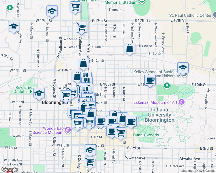 map of restaurants, bars, coffee shops, grocery stores, and more near 515 North Grant Street in Bloomington