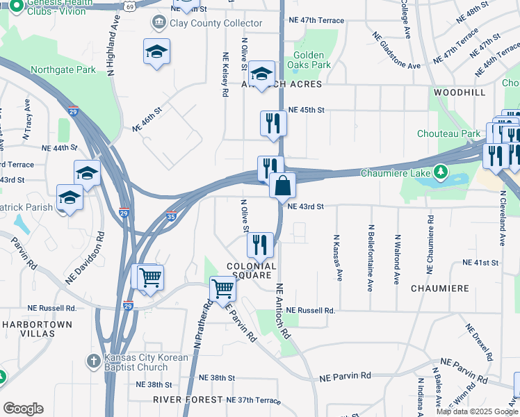 map of restaurants, bars, coffee shops, grocery stores, and more near 4217 North Olive Street in Kansas City