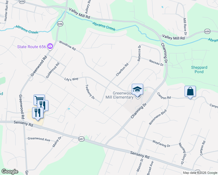 map of restaurants, bars, coffee shops, grocery stores, and more near 103 Ladyslipper Drive in Winchester