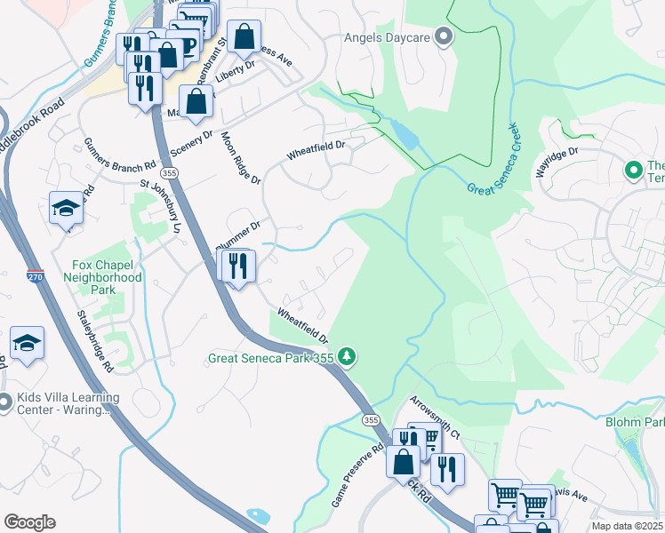 map of restaurants, bars, coffee shops, grocery stores, and more near 19232 Wheatfield Terrace in Gaithersburg