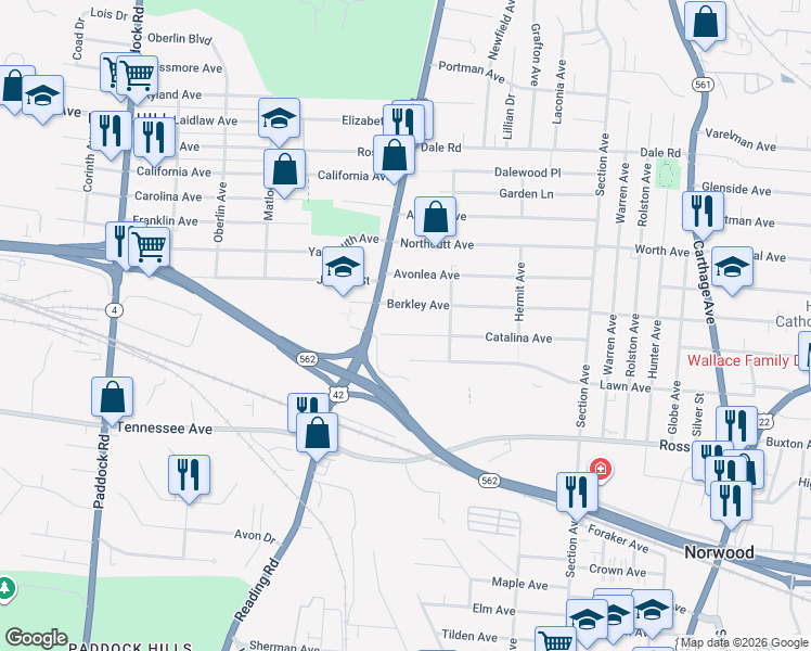 map of restaurants, bars, coffee shops, grocery stores, and more near 1735 Catalina Avenue in Cincinnati