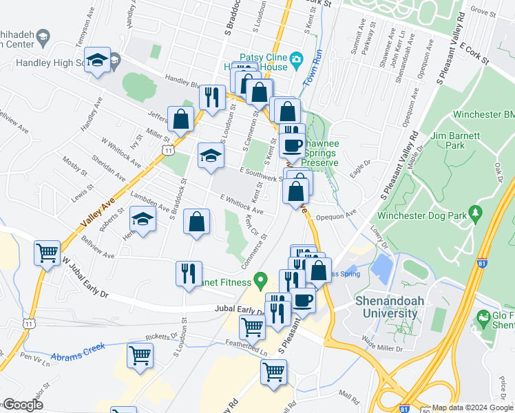 map of restaurants, bars, coffee shops, grocery stores, and more near 206 East Whitlock Avenue in Winchester