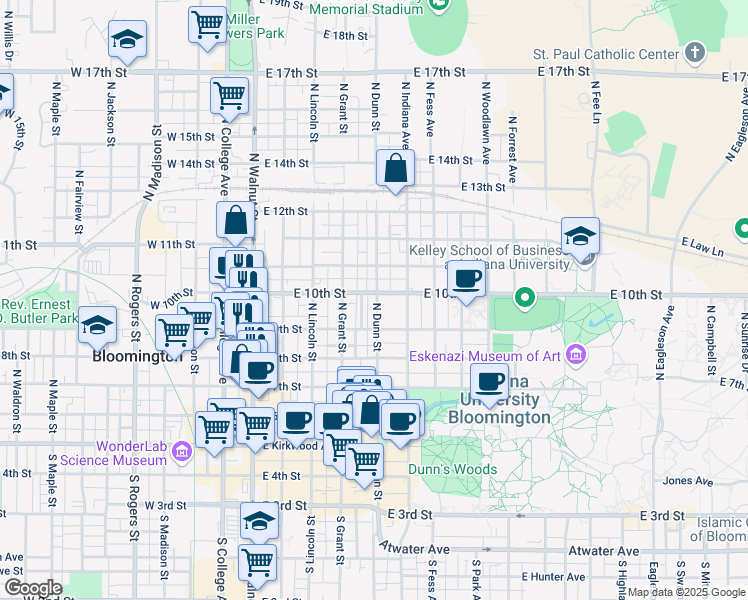 map of restaurants, bars, coffee shops, grocery stores, and more near 430 10th Street in Bloomington