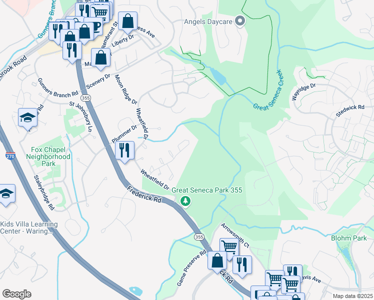 map of restaurants, bars, coffee shops, grocery stores, and more near 19241 Wheatfield Terrace in Gaithersburg